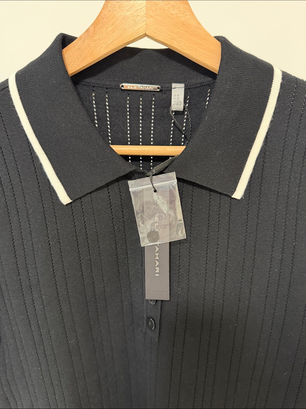 New! Elie Tahari Women Black Polo Shirt with White Trim - Elegant Short Sleeve - Picture 2 of 6